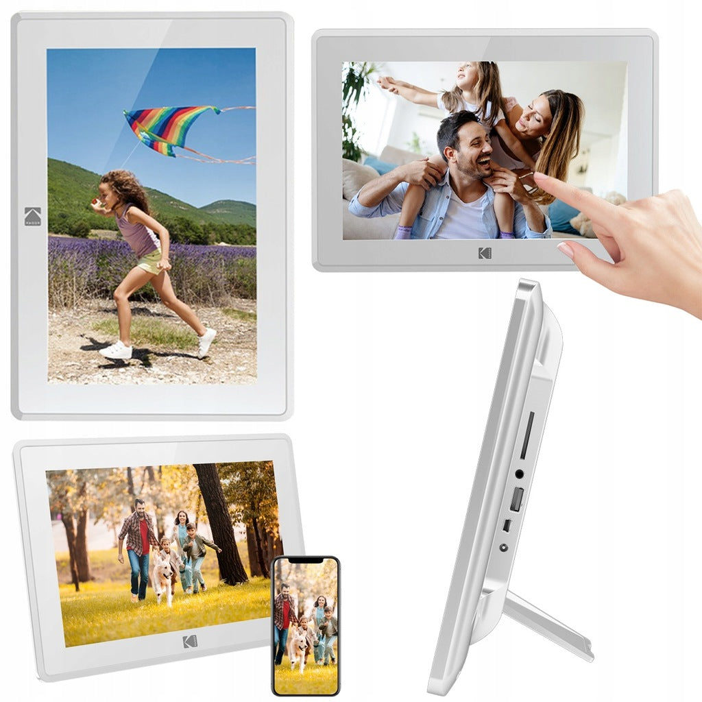 digitāls foto rāmis ar skārienekrānu, fotoattēliem un videoklipiem