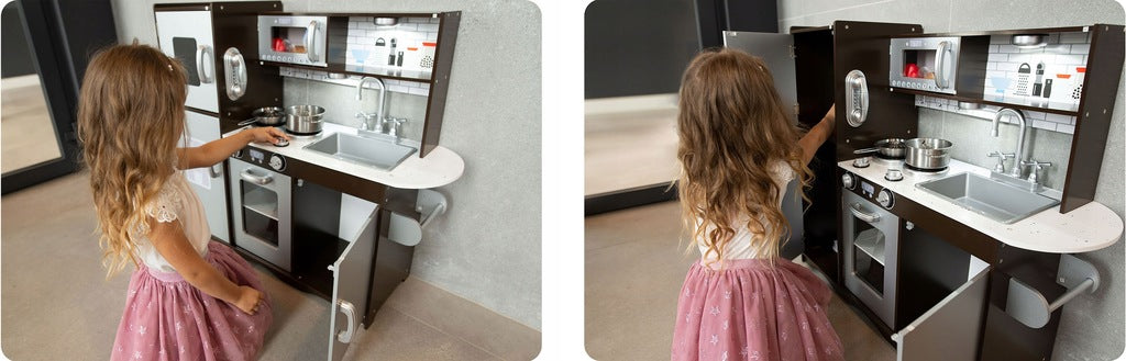 Koka virtuve bērniem, liela retro stila plīts, LED gaisma, tāfele