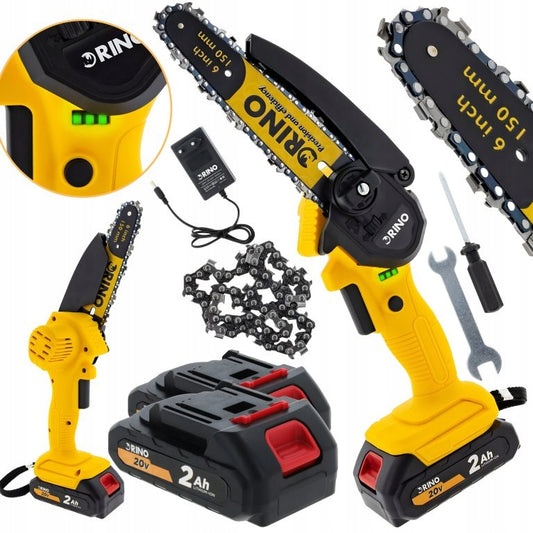 20V akumuliatorinis grandininis pjūklas, mini šakinis pjūklas, 2 x 2 Ah baterijos