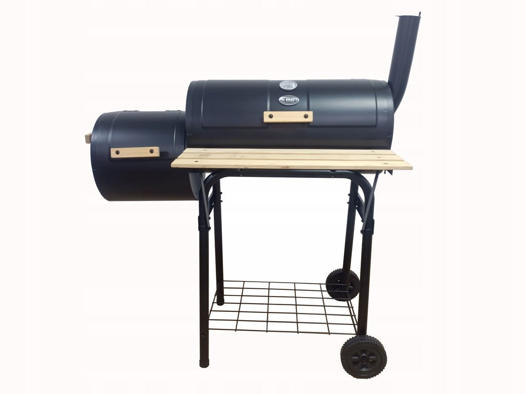 Medžio ir anglies kepsninė su BBQ rūkykla termometru, didelėmis grotelėmis, su kaminu