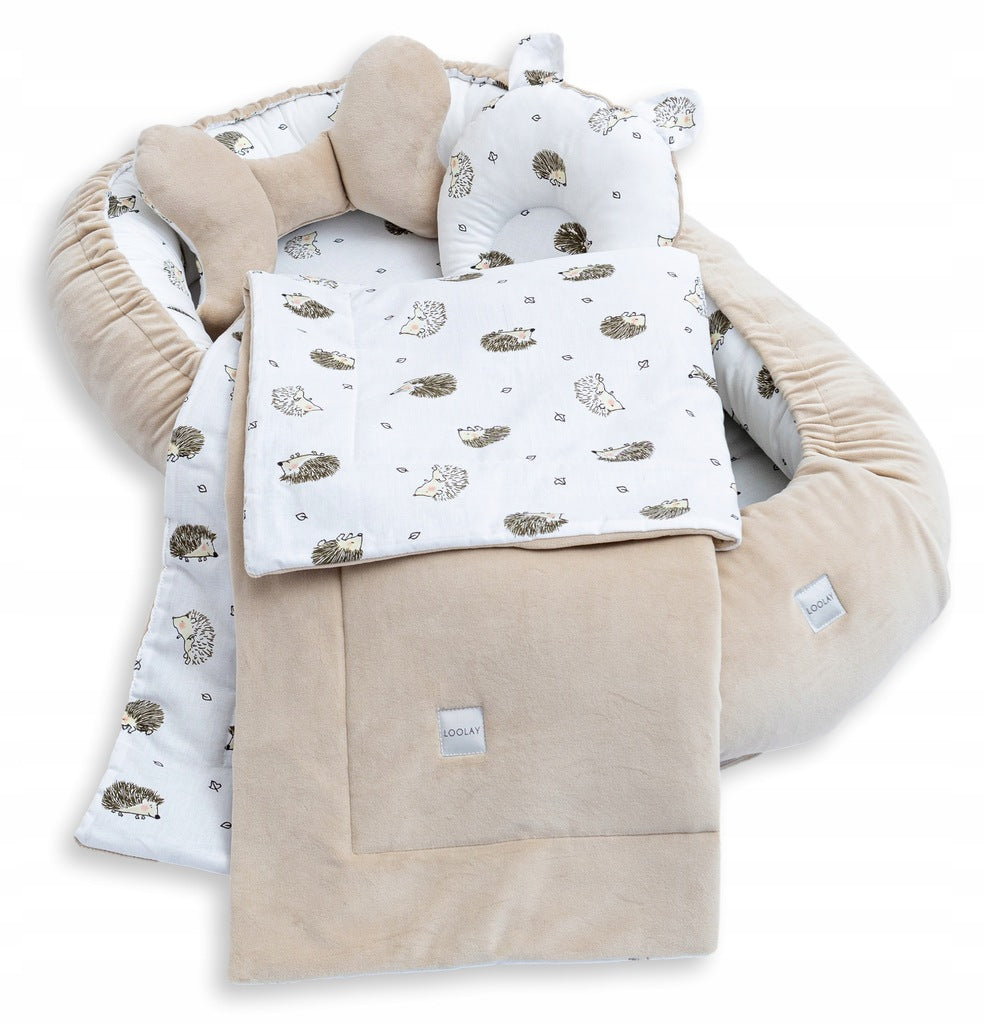 Beebipesa, lamamistool, mänguaedik, mähkimisalus, puuvill / samet, 5-osaline komplekt