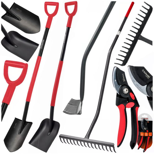 „Schmith“ sodo įrankių rinkinys: kastuvas, kastuvas, grėblys, genėtuvas