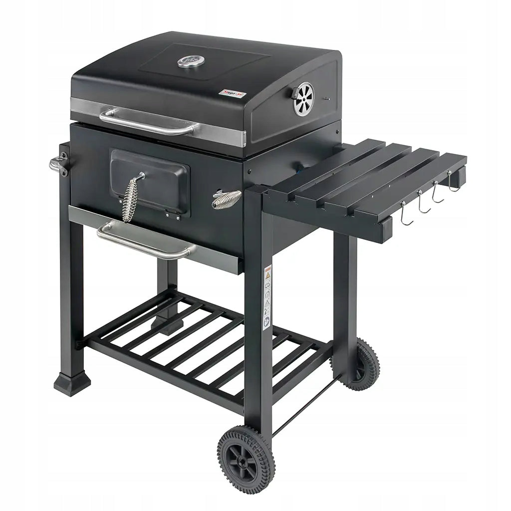 Suur süsi-grill, malmrest kaanega, reguleeritav termomeeter