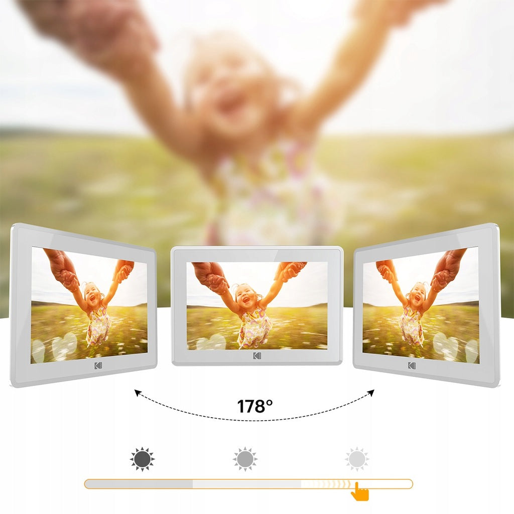 digitāls foto rāmis ar skārienekrānu, fotoattēliem un videoklipiem