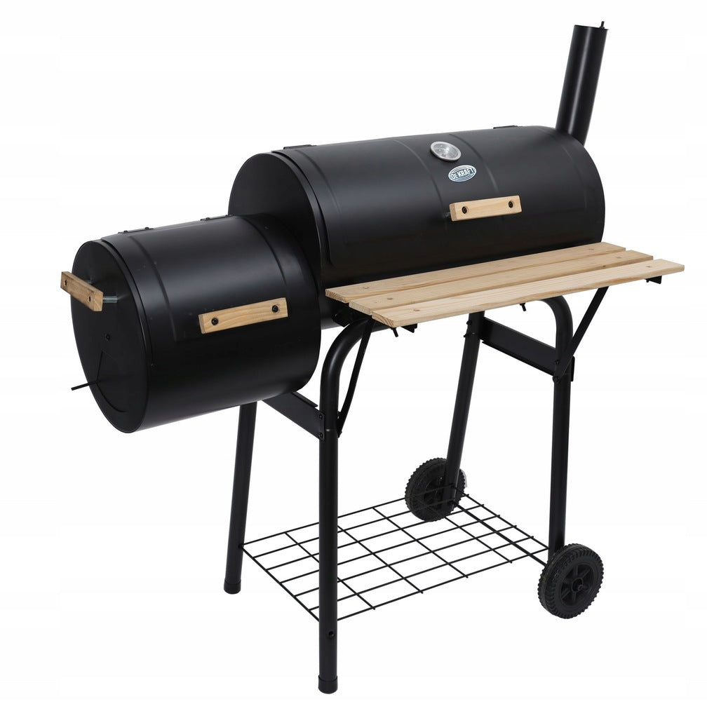 Medžio ir anglies kepsninė su BBQ rūkykla termometru, didelėmis grotelėmis, su kaminu