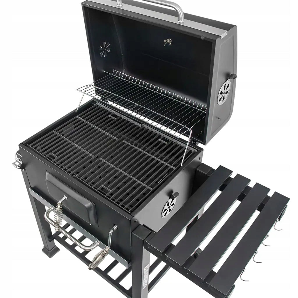 Suur süsi-grill, malmrest kaanega, reguleeritav termomeeter