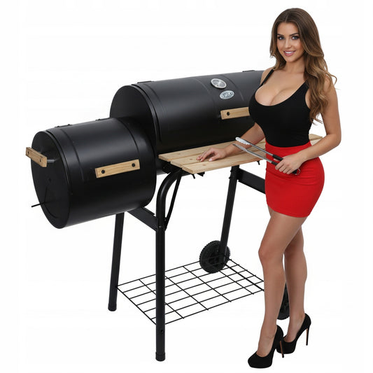 Medžio ir anglies kepsninė su BBQ rūkykla termometru, didelėmis grotelėmis, su kaminu