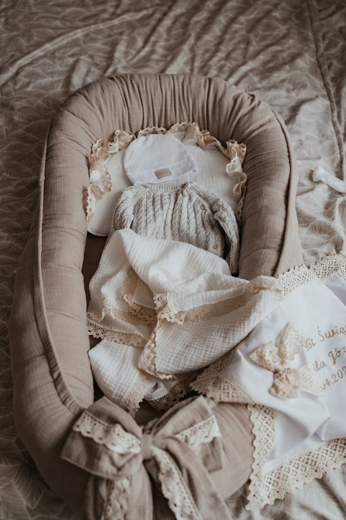 Muslīna jaundzimušā kokons ar lina struktūru, ELEGANT BEIGE