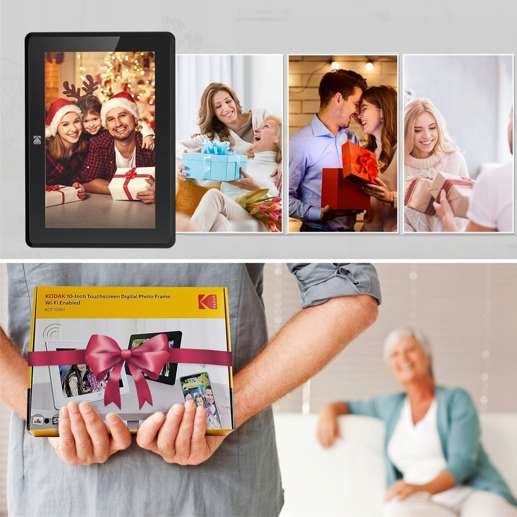 digitāls foto rāmis ar skārienekrānu, fotoattēliem un videoklipiem