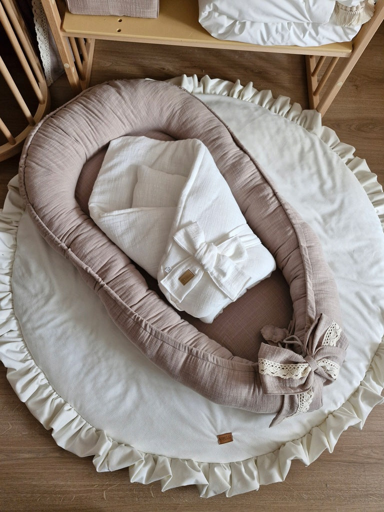 Muslīna jaundzimušā kokons ar lina struktūru, ELEGANT BEIGE
