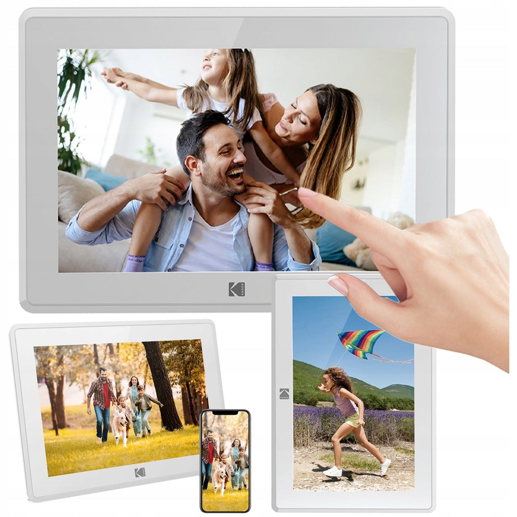 digitāls foto rāmis ar skārienekrānu, fotoattēliem un videoklipiem