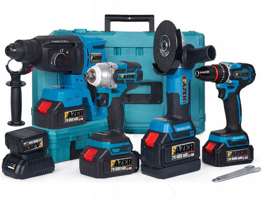 21 V 4 viename belaidžių įrankių rinkinys: atsuktuvas, plaktukas, šlifuoklis, veržliaraktis