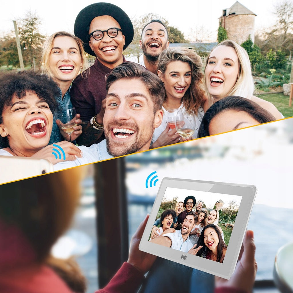 digitāls foto rāmis ar skārienekrānu, fotoattēliem un videoklipiem