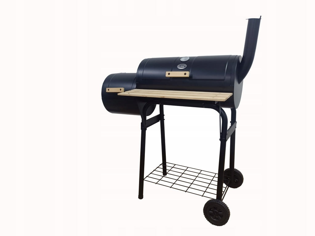 Medžio ir anglies kepsninė su BBQ rūkykla termometru, didelėmis grotelėmis, su kaminu