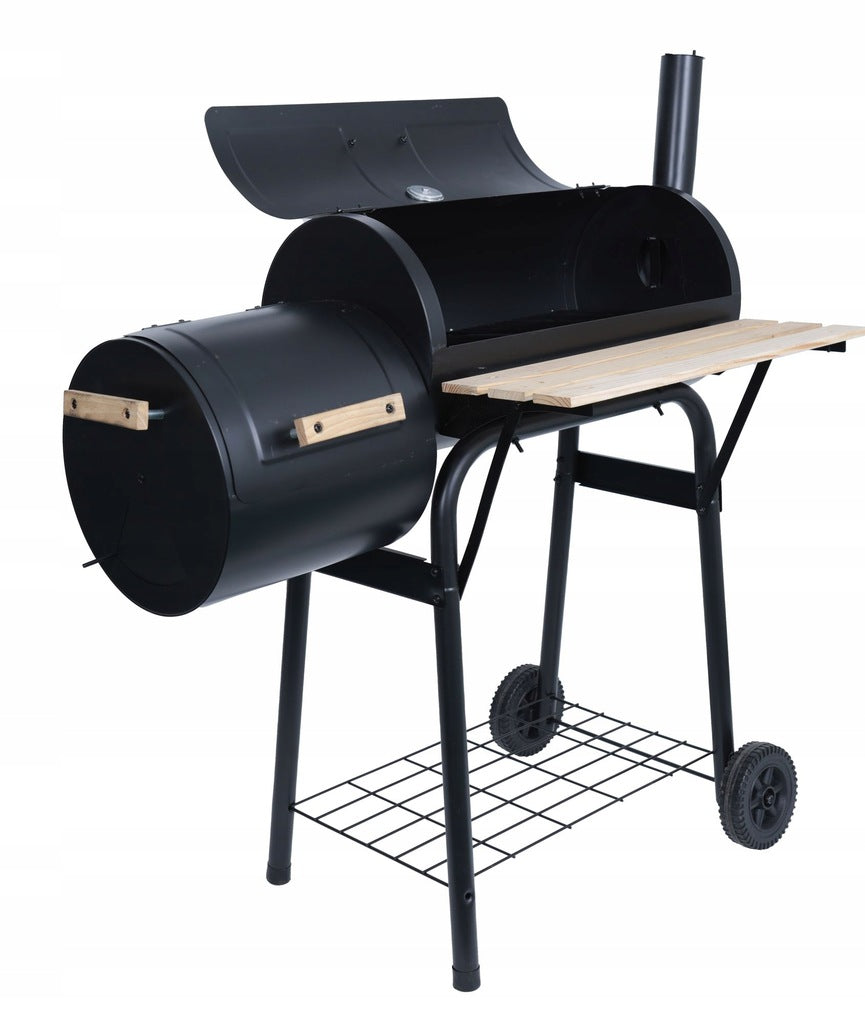 Medžio ir anglies kepsninė su BBQ rūkykla termometru, didelėmis grotelėmis, su kaminu
