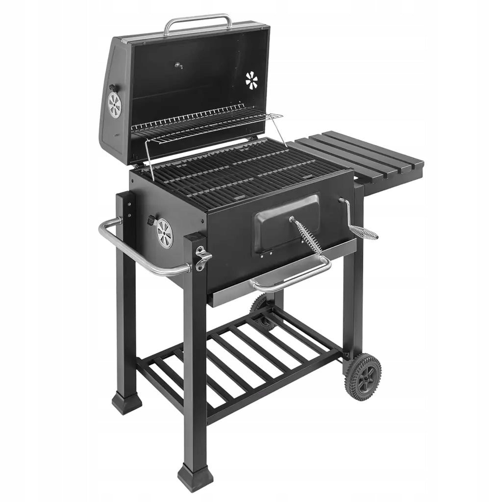 Suur süsi-grill, malmrest kaanega, reguleeritav termomeeter