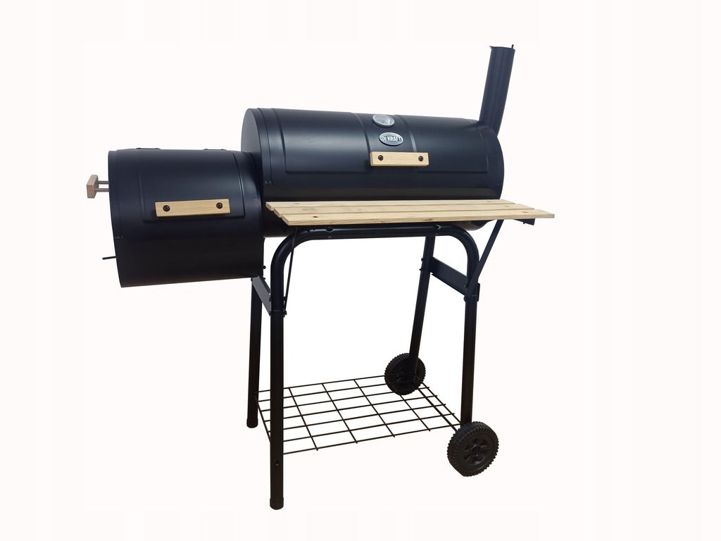 Medžio ir anglies kepsninė su BBQ rūkykla termometru, didelėmis grotelėmis, su kaminu