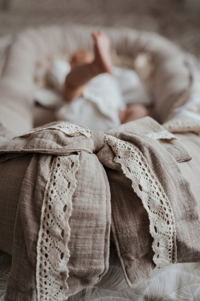 Muslīna jaundzimušā kokons ar lina struktūru, ELEGANT BEIGE