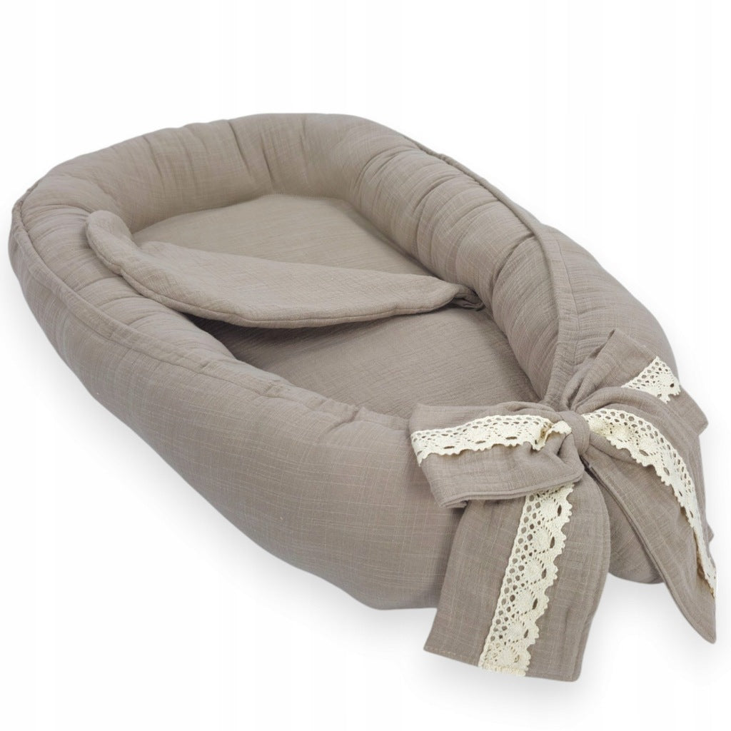 Muslīna jaundzimušā kokons ar lina struktūru, ELEGANT BEIGE