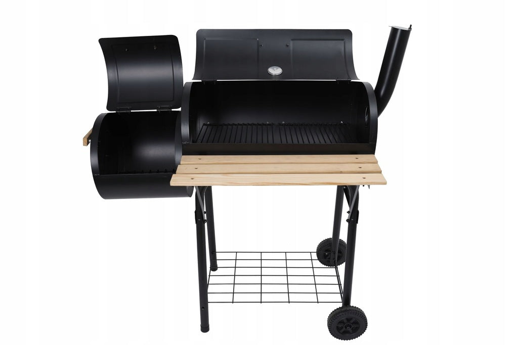 Medžio ir anglies kepsninė su BBQ rūkykla termometru, didelėmis grotelėmis, su kaminu