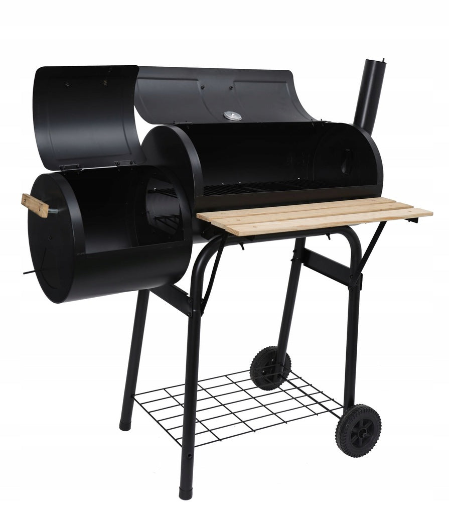 Medžio ir anglies kepsninė su BBQ rūkykla termometru, didelėmis grotelėmis, su kaminu