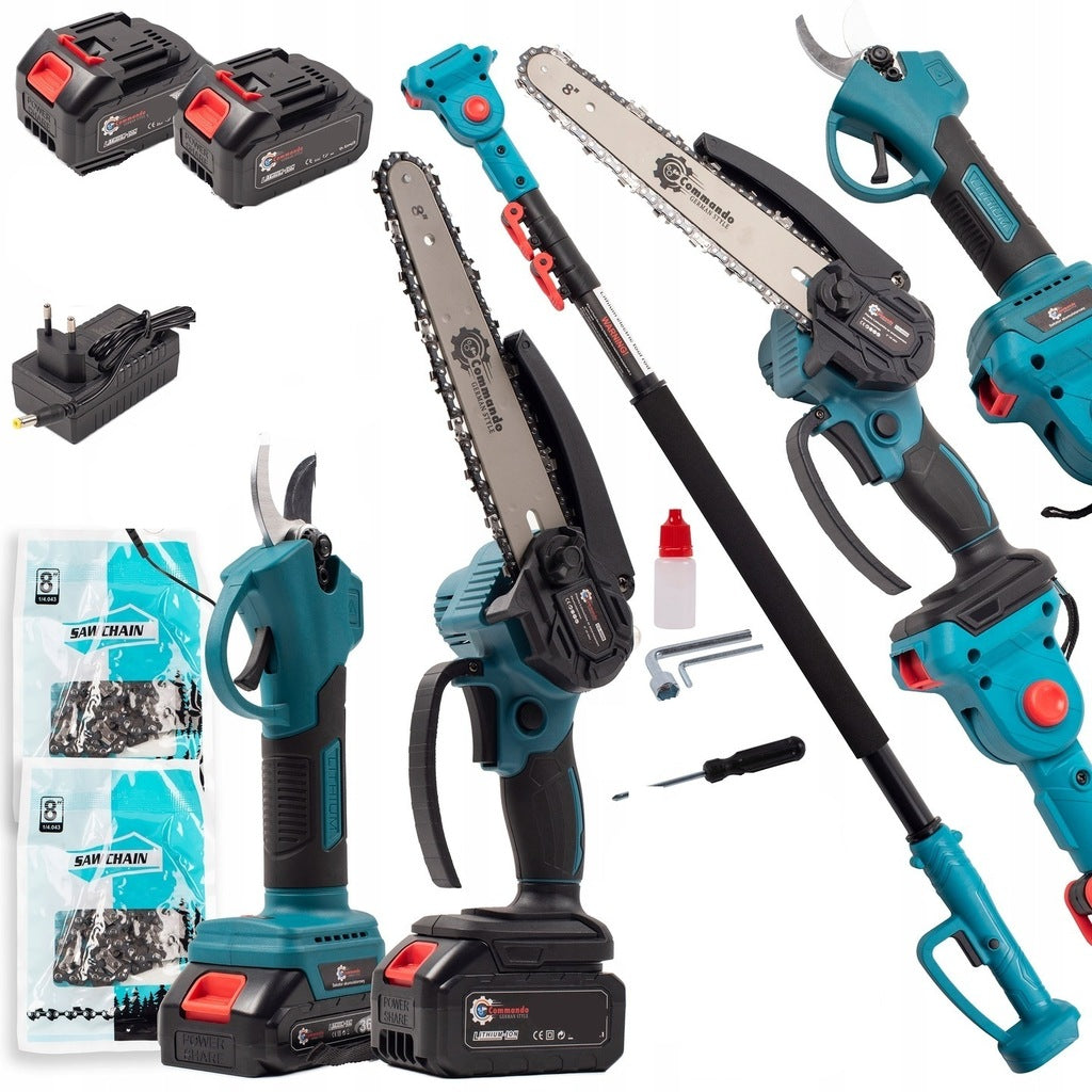 15 cm pjūklo rinkinys + genėjimo žirklės + akumuliatorinė teleskopinė ranka 4 m, 2 akumuliatoriai