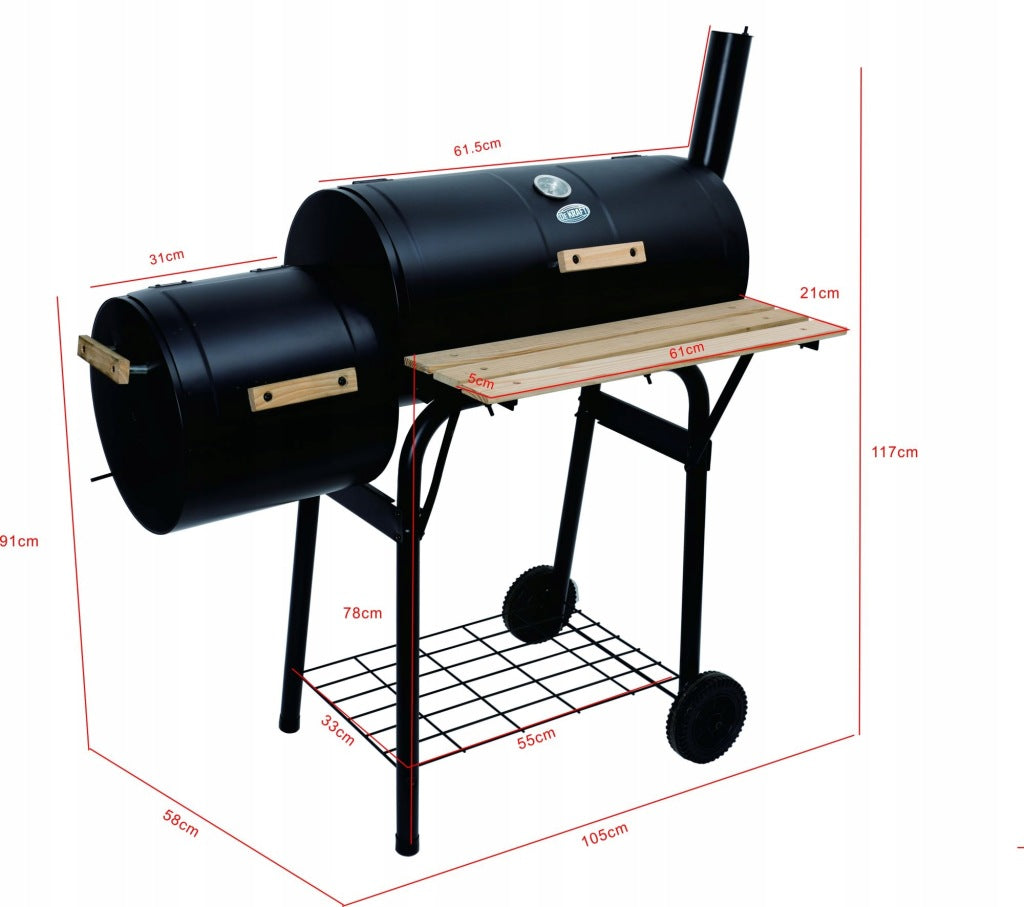 Medžio ir anglies kepsninė su BBQ rūkykla termometru, didelėmis grotelėmis, su kaminu