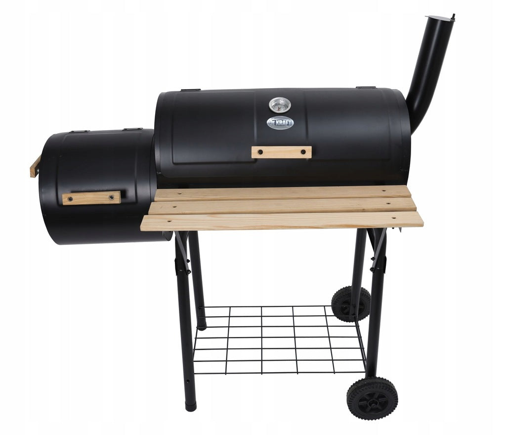 Medžio ir anglies kepsninė su BBQ rūkykla termometru, didelėmis grotelėmis, su kaminu