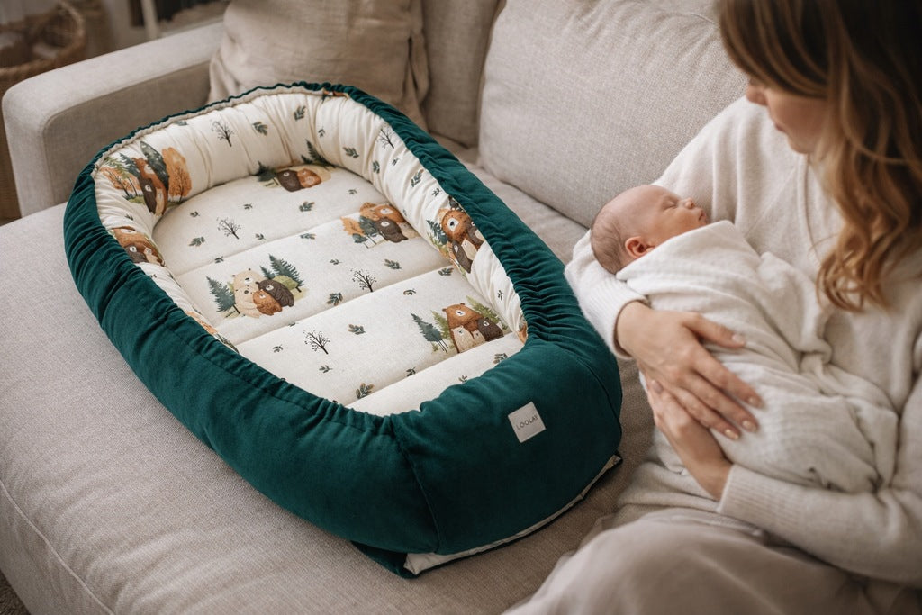 Bērnu kokons, ligzdiņa, manēža, autiņš, kokvilna/samts, 5 daļīgs komplekts