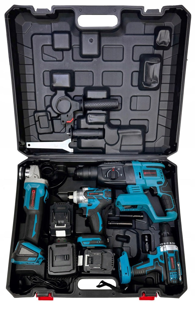 21 V 4 viename belaidžių įrankių rinkinys: smūginis gręžtuvas, veržliaraktis, šlifuoklis