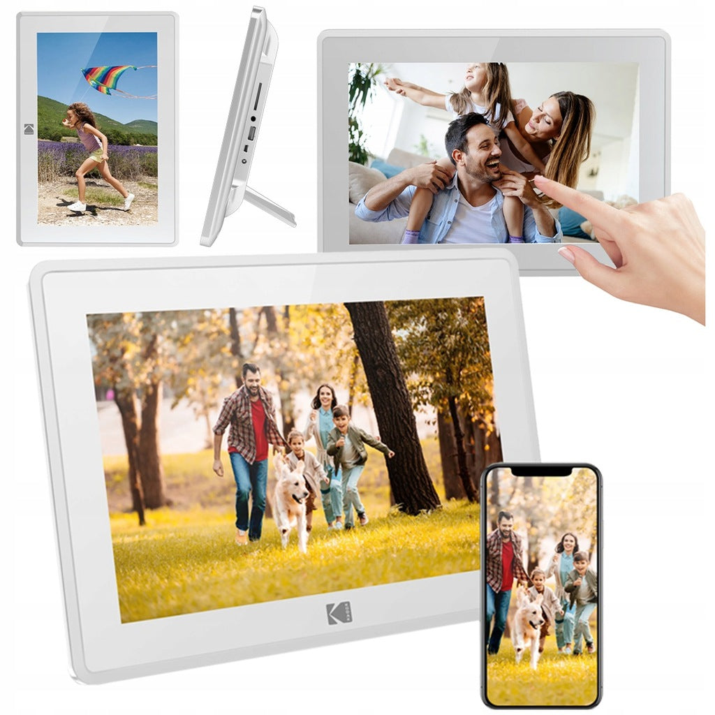 digitāls foto rāmis ar skārienekrānu, fotoattēliem un videoklipiem