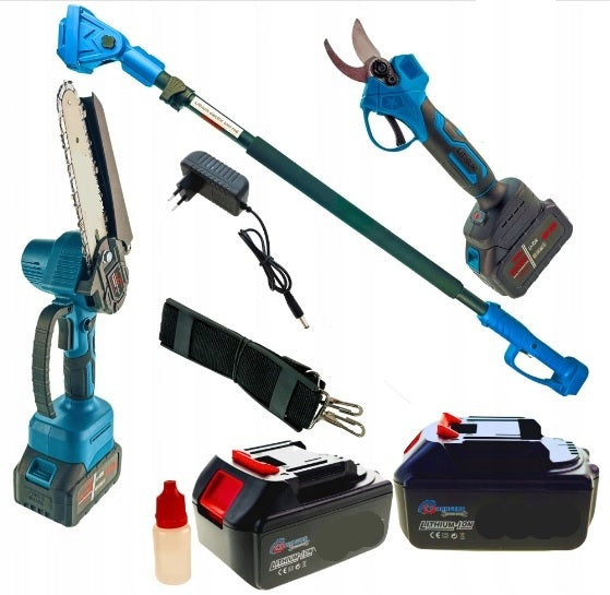 15 cm pjūklo rinkinys + genėjimo žirklės + akumuliatorinė teleskopinė ranka 4 m, 2 akumuliatoriai