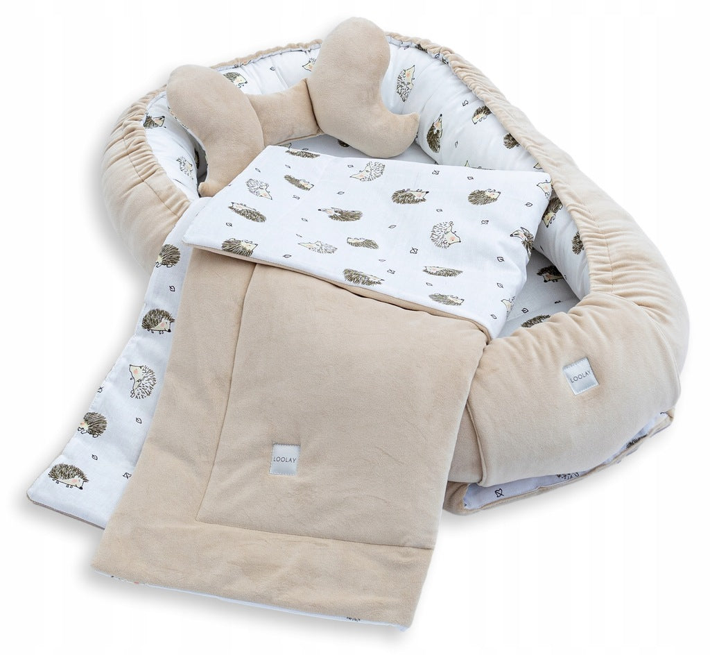 Beebipesa, lamamistool, mänguaedik, mähkimisalus, puuvill / samet, 5-osaline komplekt