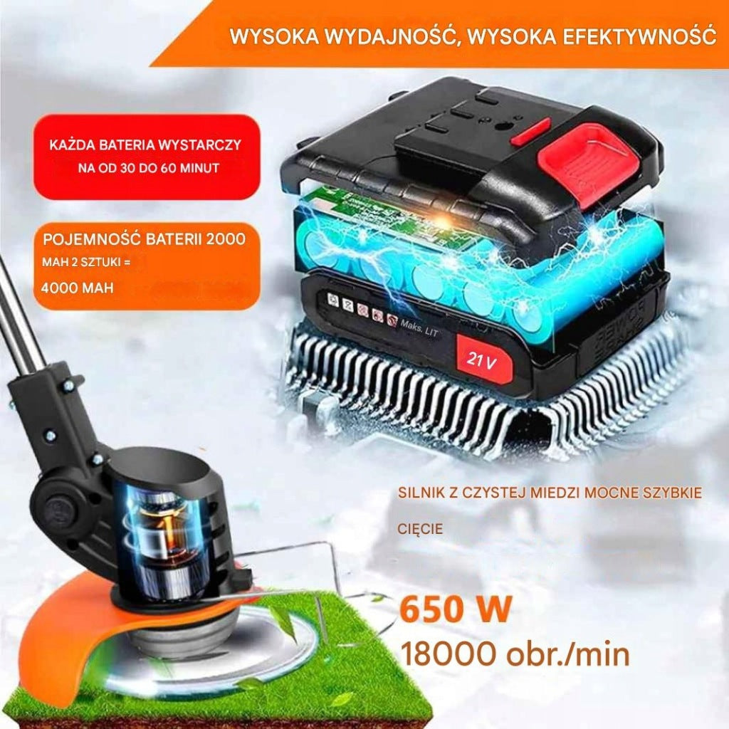 Trimeris Didelis belaidis žoliapjovės rinkinys su 2 x 21 V 2000 mAh baterijomis